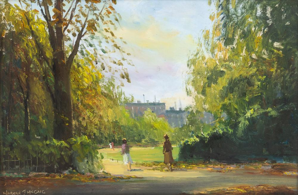 Norman J. McCaig comparable auction result: norman j mccaig 1929 2000 strolling st stephen s green oil on board 28 x 43cm 11 x 17 signed