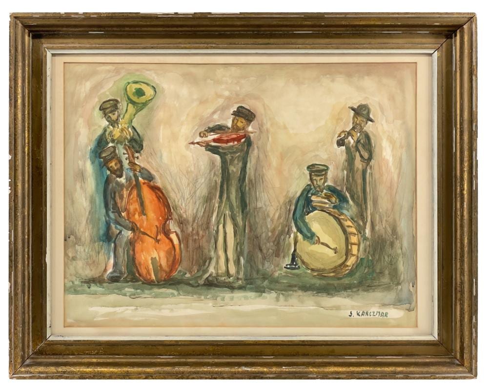 Simon Karczmar comparable auction result: simon karczmar the shtetl musicians watercolor on paper