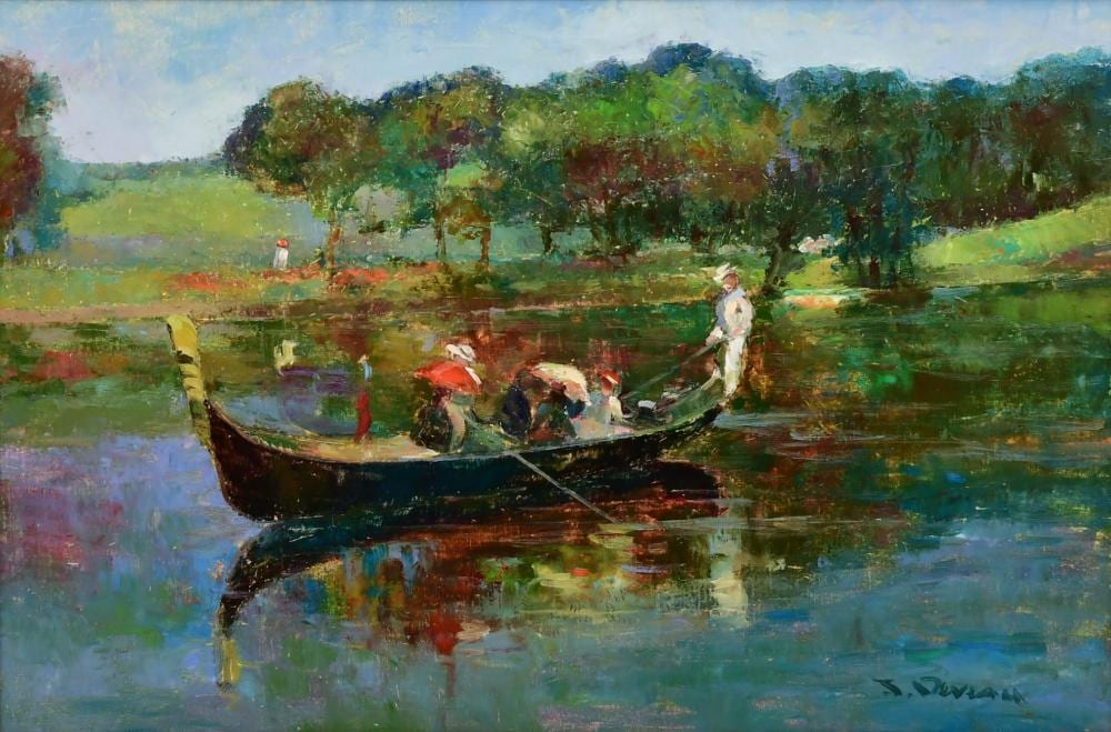 J. Deveau comparable auction result: jacques deveau french b 1937 figures rowing a boat in a pond