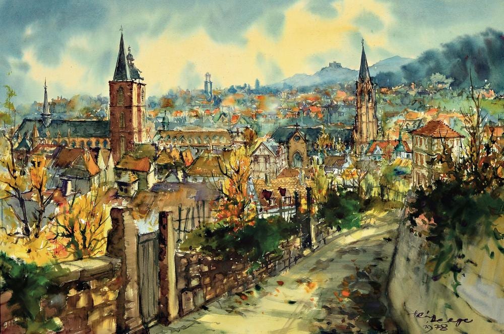 Heiner Deege comparable auction result: heiner deege watercolor panorama from neustadt an