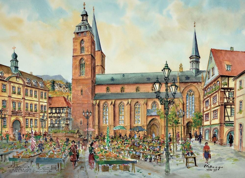 Heiner Deege comparable auction result: heiner deege watercolor market square in front of the