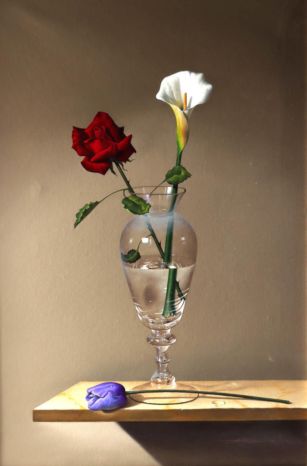 javier mulio painting blue tulip with rose and lily · Artemis Fine Arts · 2025-09-18 Javier Mulio comparable auction result: javier mulio painting blue tulip with rose and lily