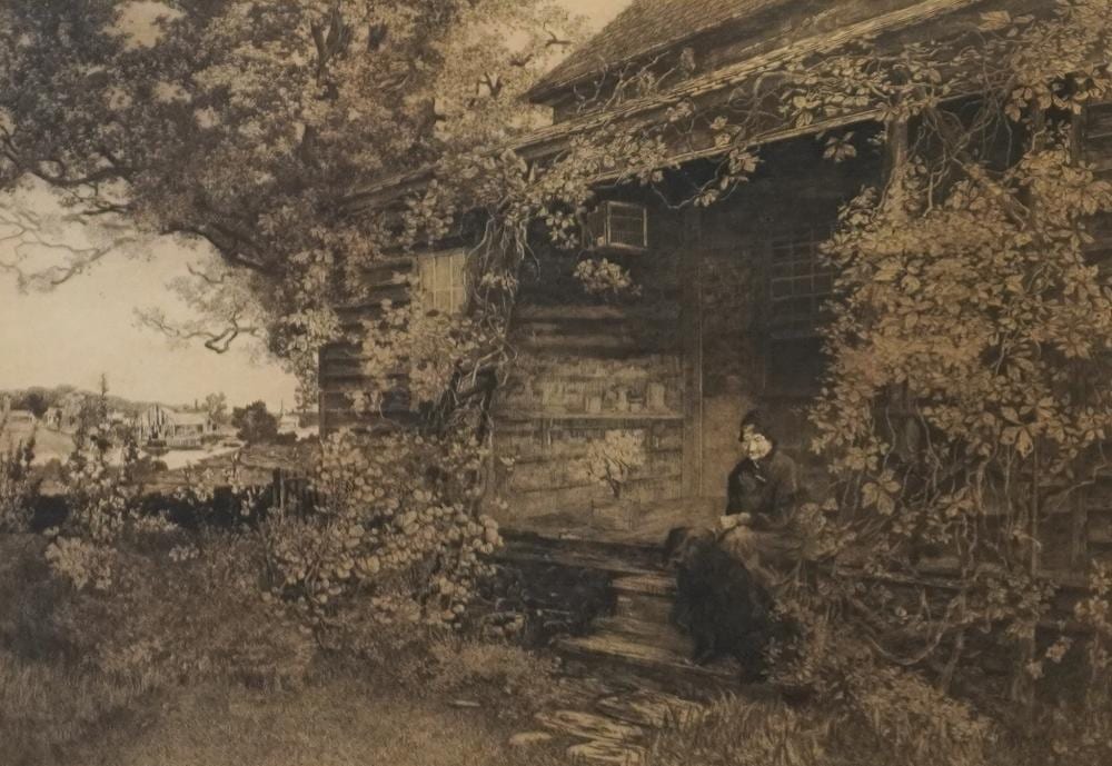 ernest david roth american 1879 1964 elderly woman seated on a cabin porch with her dog etching and aquatint framed 33 3 4 x 41 3 4 in · Weschler's · 2025-09-09 Ernest David Roth comparable auction result: ernest david roth american 1879 1964 elderly woman seated on a cabin porch with her dog etching and aquatint framed 33 3 4 x 41 3 4 in