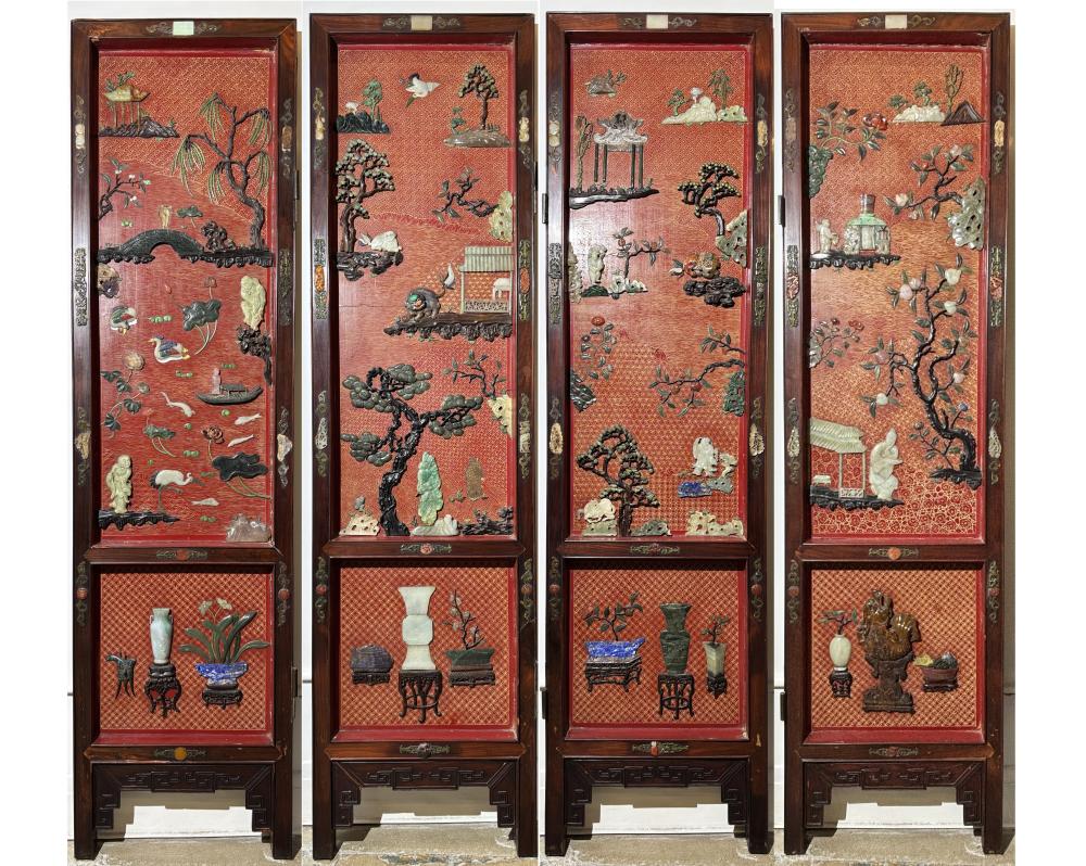 Chinese 4 Panel Hard Wood Jade Lacquer Screen sold by Eddie's Auction, lot 85 — auction record photograph