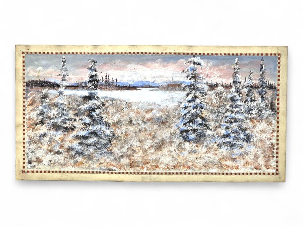 George Ahgupuk comparable auction result: george ahgupuk original oil landscape on moose hide