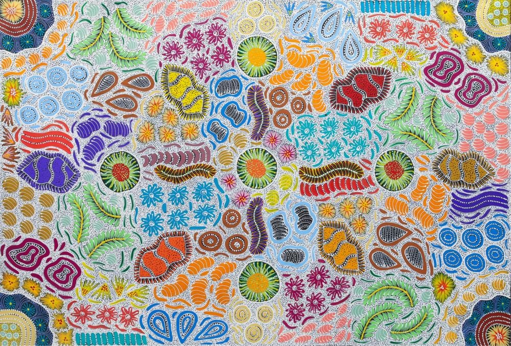 Tanya Price Nangala comparable auction result: tanya price nangala wild bush honey flower dreaming bush medicine leaves acrylic on canvas 87cm x 143cm