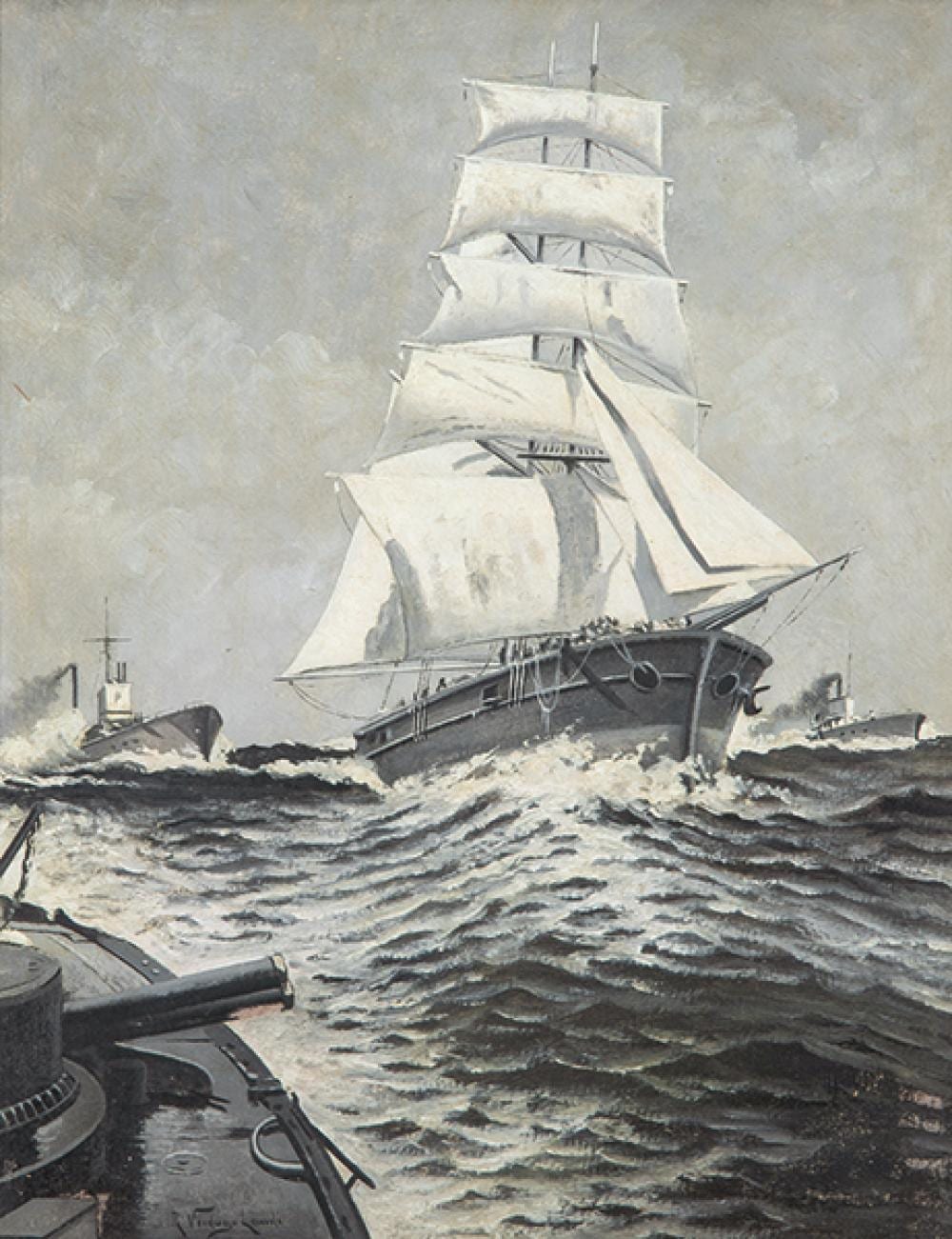 ricardo verdugo landi marina with sailboat and warships · Subastas Segre · 2025-09-16 Ricardo Verdugo Landi comparable auction result: ricardo verdugo landi marina with sailboat and warships
