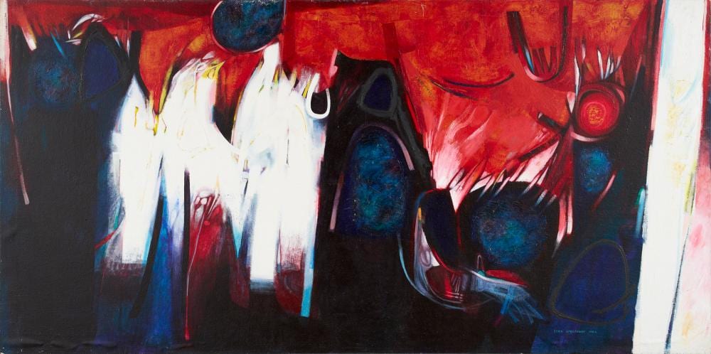 Erica McGilchrist comparable auction result: erica mcgilchrist 1926 2014 forces of life and death 1964 oil on canvas 123 x 244cm