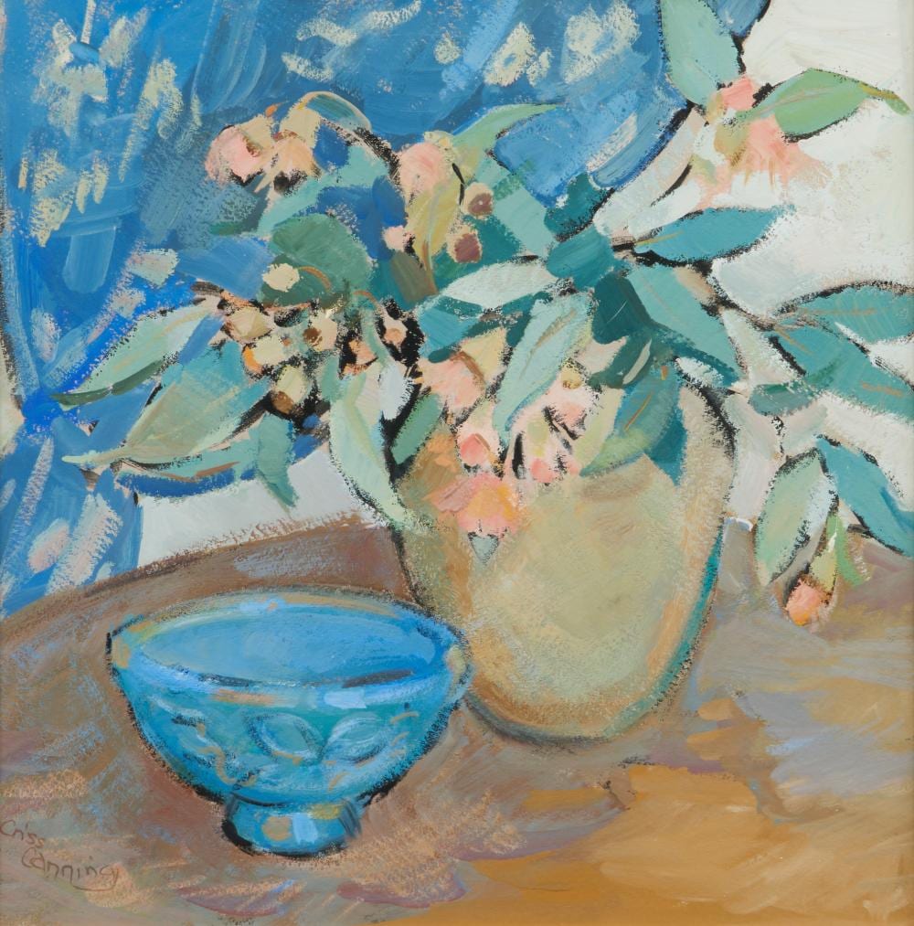 Criss Canning comparable auction result: criss canning born 1947 gum blossoms in vase c 1977 oil on board 31 x 31cm
