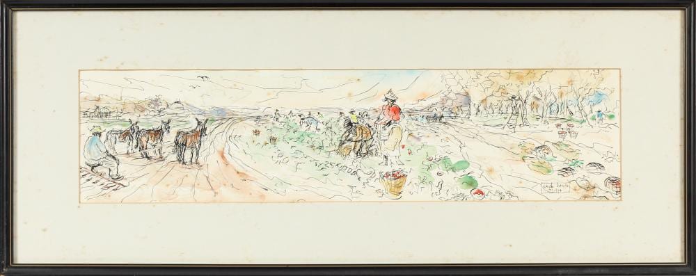 Jack Lewis comparable auction result: jack lewis american 1912 2012 male and female figures harvesting watercolor ink