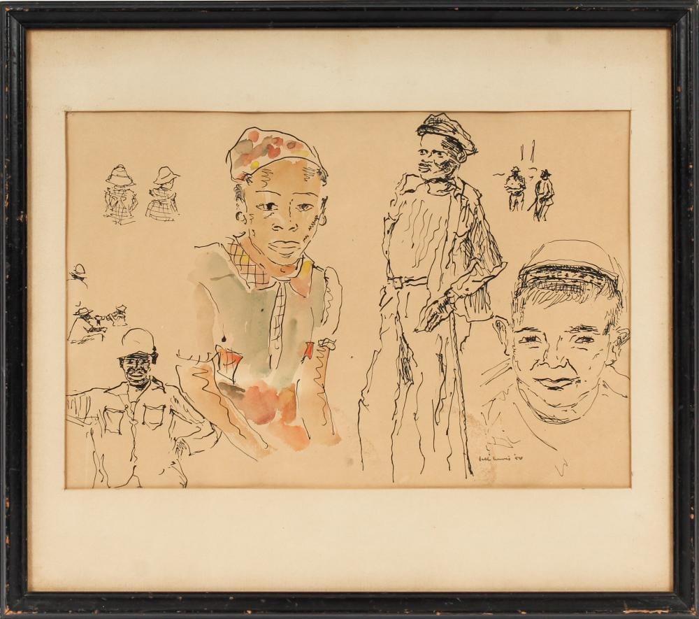 Jack Lewis comparable auction result: jack lewis american 1912 2012 figural studies of bean pickers bridgeville watercolor ink