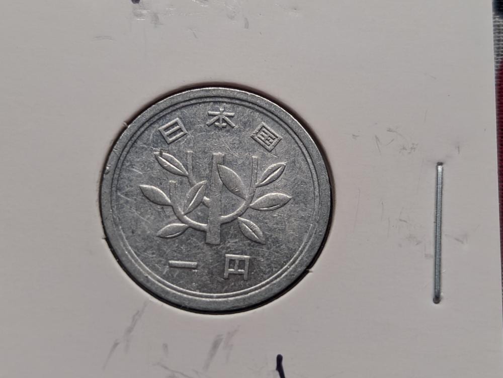 Silver-colored coin with Japanese characters and a five-petal plant design in the center.