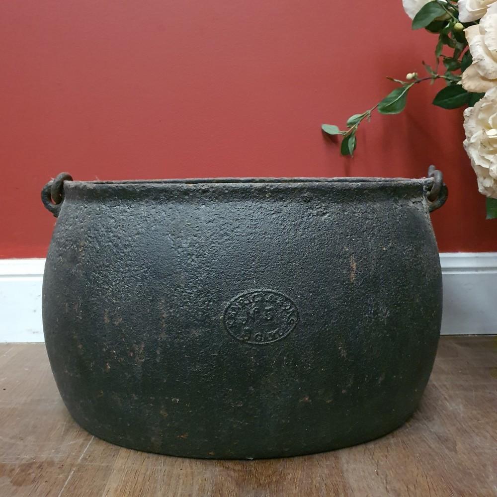 Antique Kenrick & Sons Cast Iron Cauldron with Original Swing Handle, Embossed Maker’s Mark to Front, Traditional Heavy-Bodied Cooking Pot. sold by Because Auctions, lot 1659 — auction record photograph