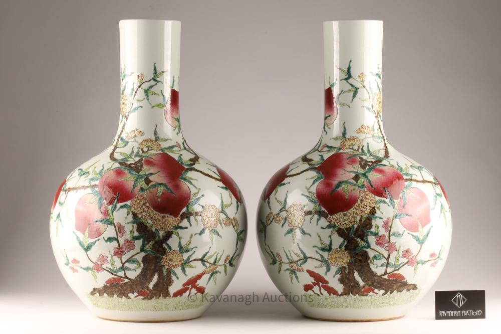 Pair of Large Antique Chinese Famille Rose Peach Vases Signed sold by Kavanagh Auctions, lot 53 — auction record photograph