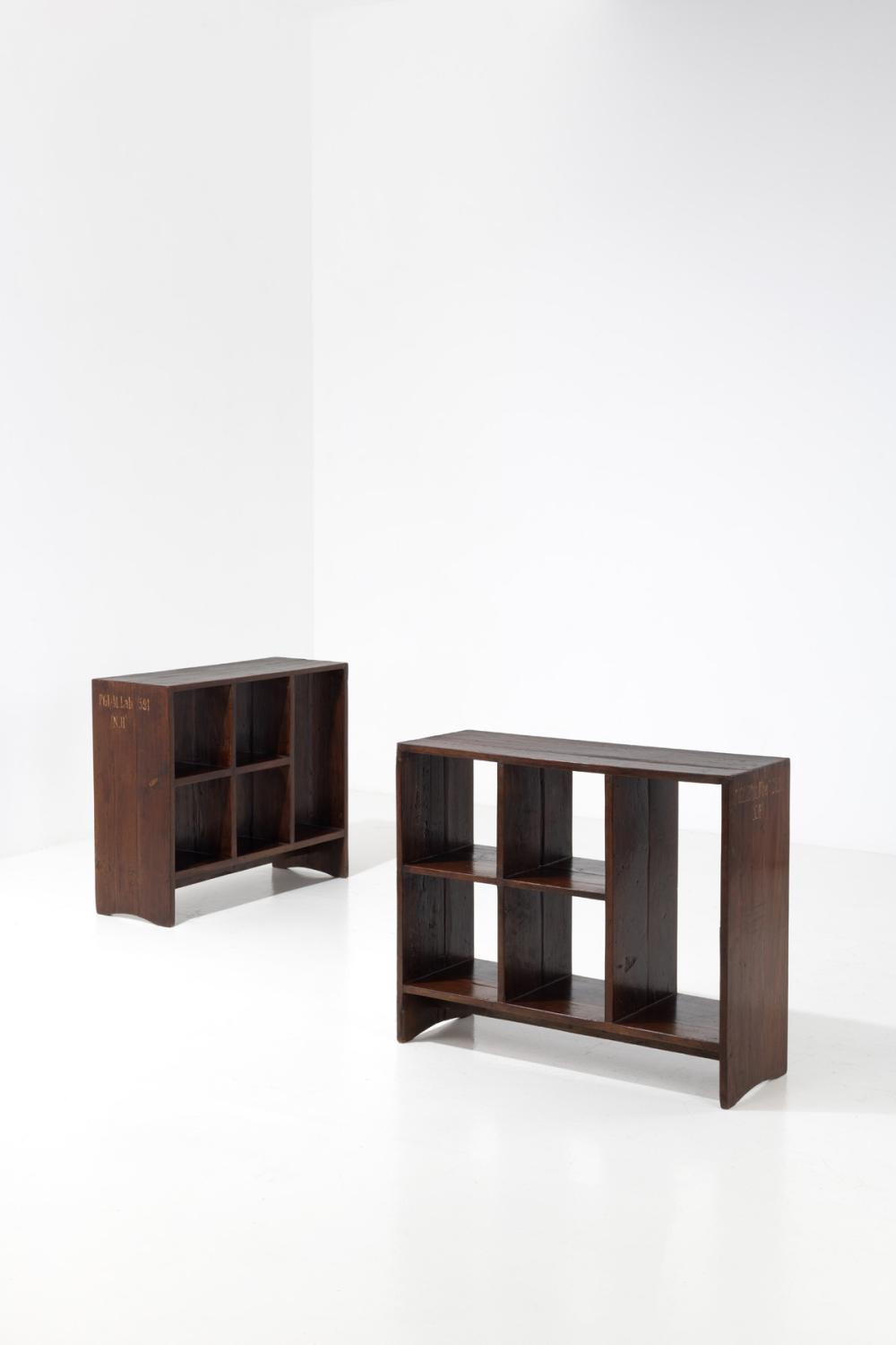 xx Pierre Jeanneret (1896-1967) Pair of 'File rack' storage units Teak Painted inventory numbers 'PGI/M sold by Piasa, lot 201 — auction record photograph