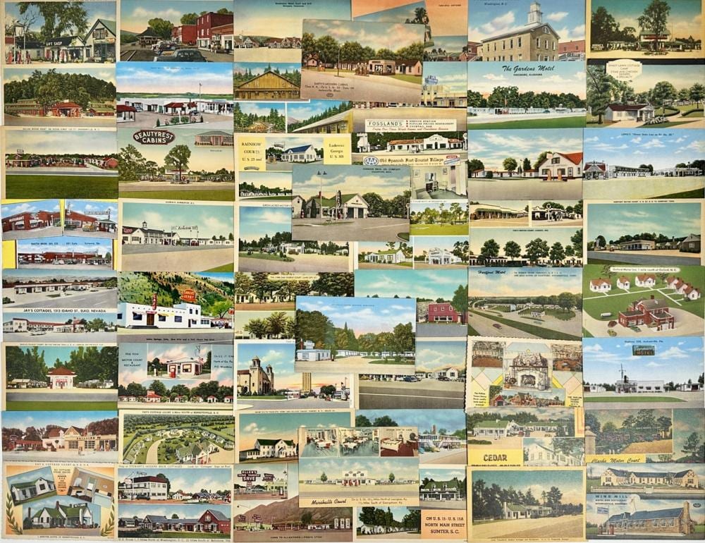 A collage of many vintage postcards showing roadside buildings, gas stations, and small towns.