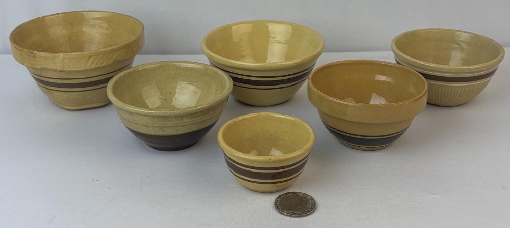 Antique Lot of 6 Brown Banded Small Stoneware Bowls sold by One Source Auctions, lot 79 — auction record photograph