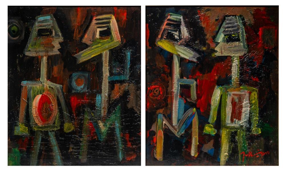 Jaap Nanninga comparable auction result: jaap nanninga 1904 1962 a pair of pendant works with cobra figures oil on canvas 50 x 40 cm 19 6 x 15 3 4 in frame 52 5 x 42 5 cm 20 6 x 16 7 in