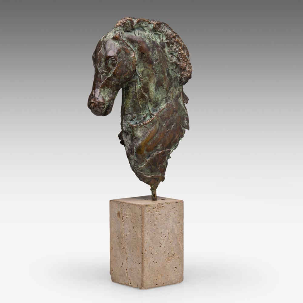 Jan Desmarets comparable auction result: jan desmarets 1961 head of a horse patinated bronze on a limestone base n 4 8 h 49 cm