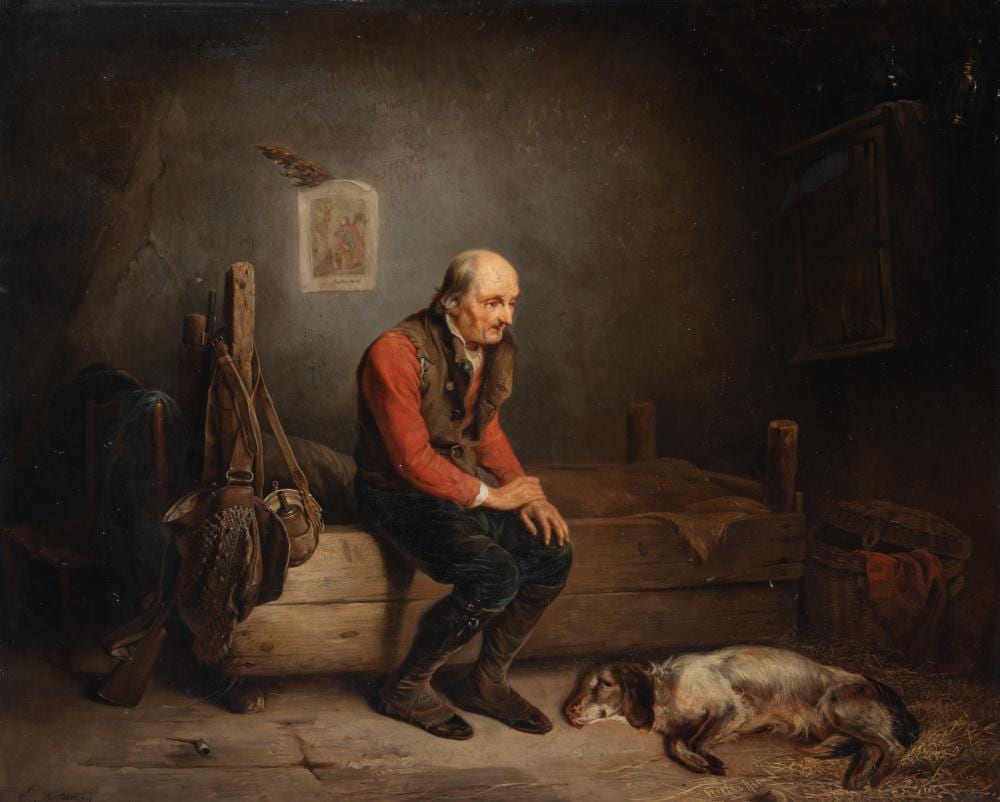 Emanuel Noterman comparable auction result: emmanuel noterman 1808 1863 a hunter and his dog resting on his bedside 1845 oil on panel 58 x 73 cm 22 8 x 28 7 in frame 82 x 98 cm 32 2 x 38 5 in