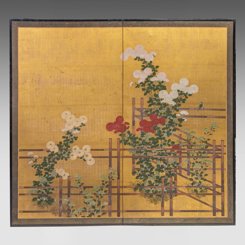 Auction comp thumbnail for A Japanese 'Flower Garden' two-panelled byobu folding screen, Kano school, Meiji period, H 169,5 - L 184 cm (open) (+) (Carlo Bonte Auctions, Lot 758)