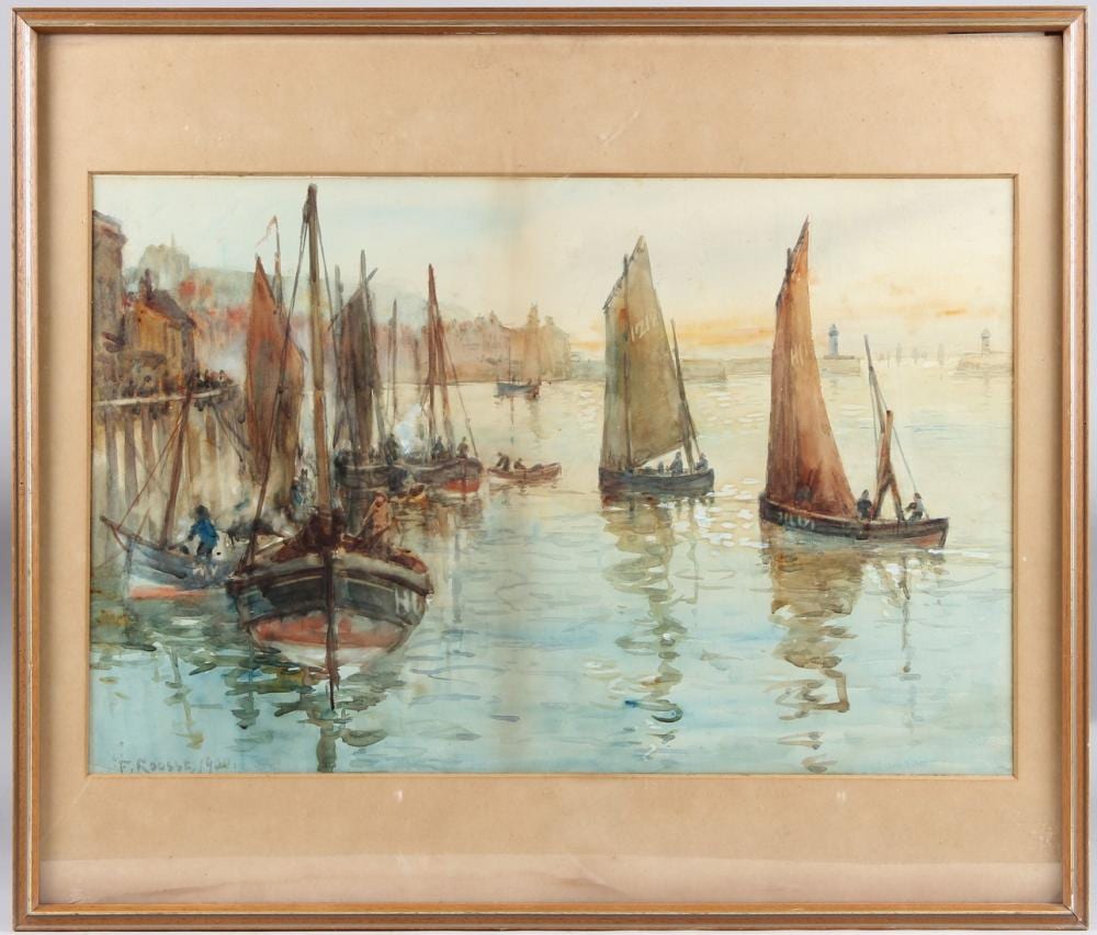 Frank Rousse comparable auction result: frank rousse act 1894 1917 fishing boats in harbour watercolour signed and dated 1900 36 x 55 5cm