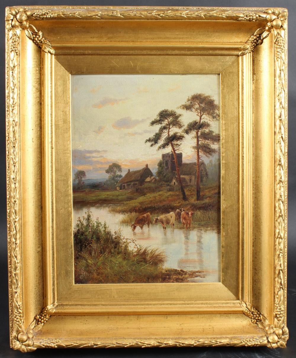 Sidney Yates Johnson comparable auction result: sidney yates johnson act 1890 1926 eventide abergavenny cattle watering with church beyond oil on boa