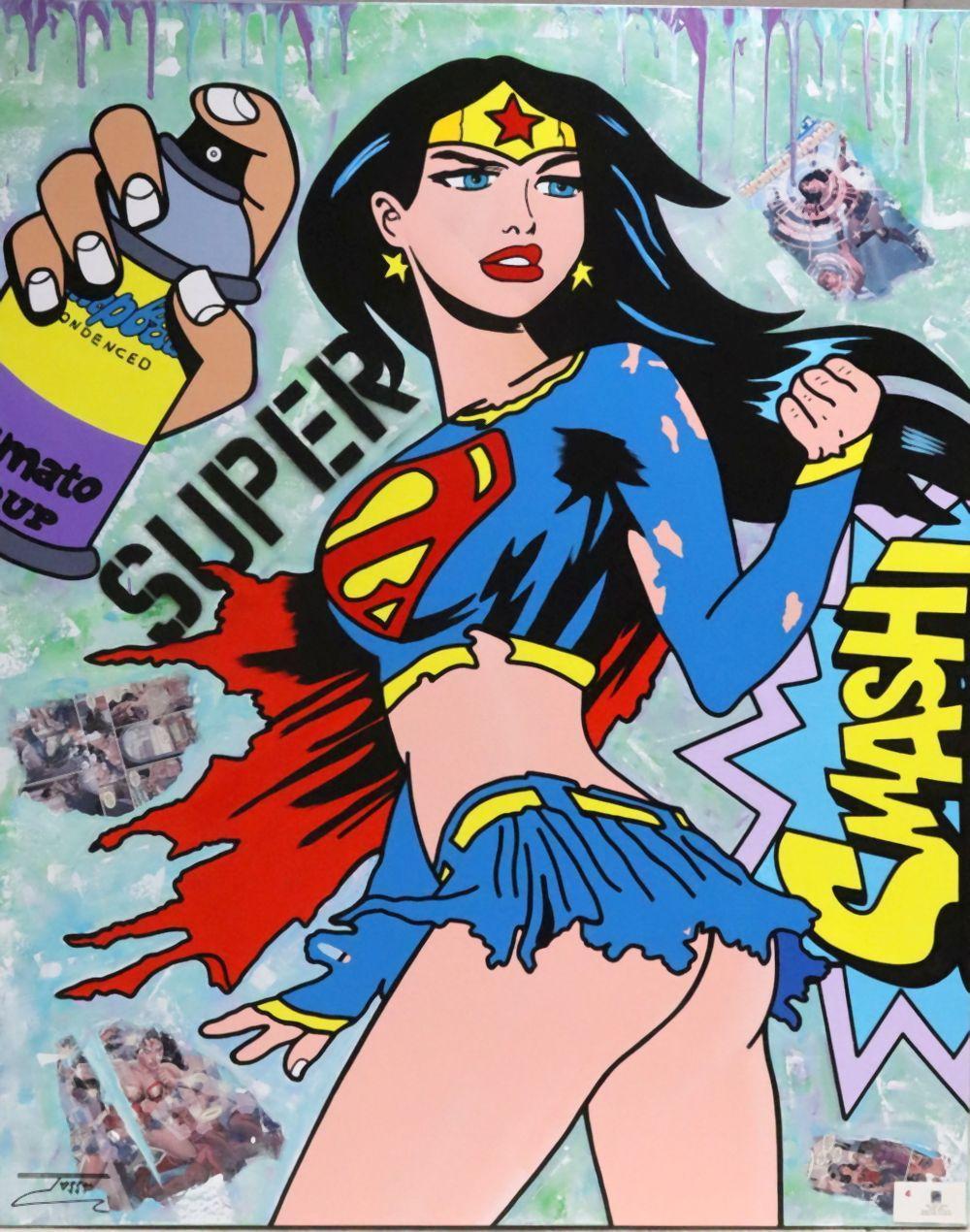 JOZZA comparable auction result: jozza brazilian b 1958 super woman acrylic painting on canvas