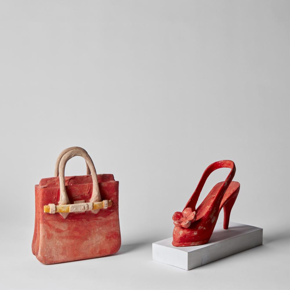 gregory lomayesva pair of sculptures high heel purse 2008 · Santa Fe Art Auction · 2025-09-18 Gregory Lomayesva comparable auction result: gregory lomayesva pair of sculptures high heel purse 2008