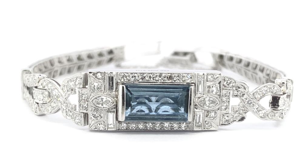 2.31ct Aquamarine and 2.00ct Diamond 14ct White Gold 'Art Deco' Bracelet. Comes With a Certificate of Valuation of $49,000. One Baguette Cut Aquamarine With One Hundred and Twenty Four Round Eight Cut Natural Diamonds... sold by Pottle Auctions, lot 88 — auction record photograph