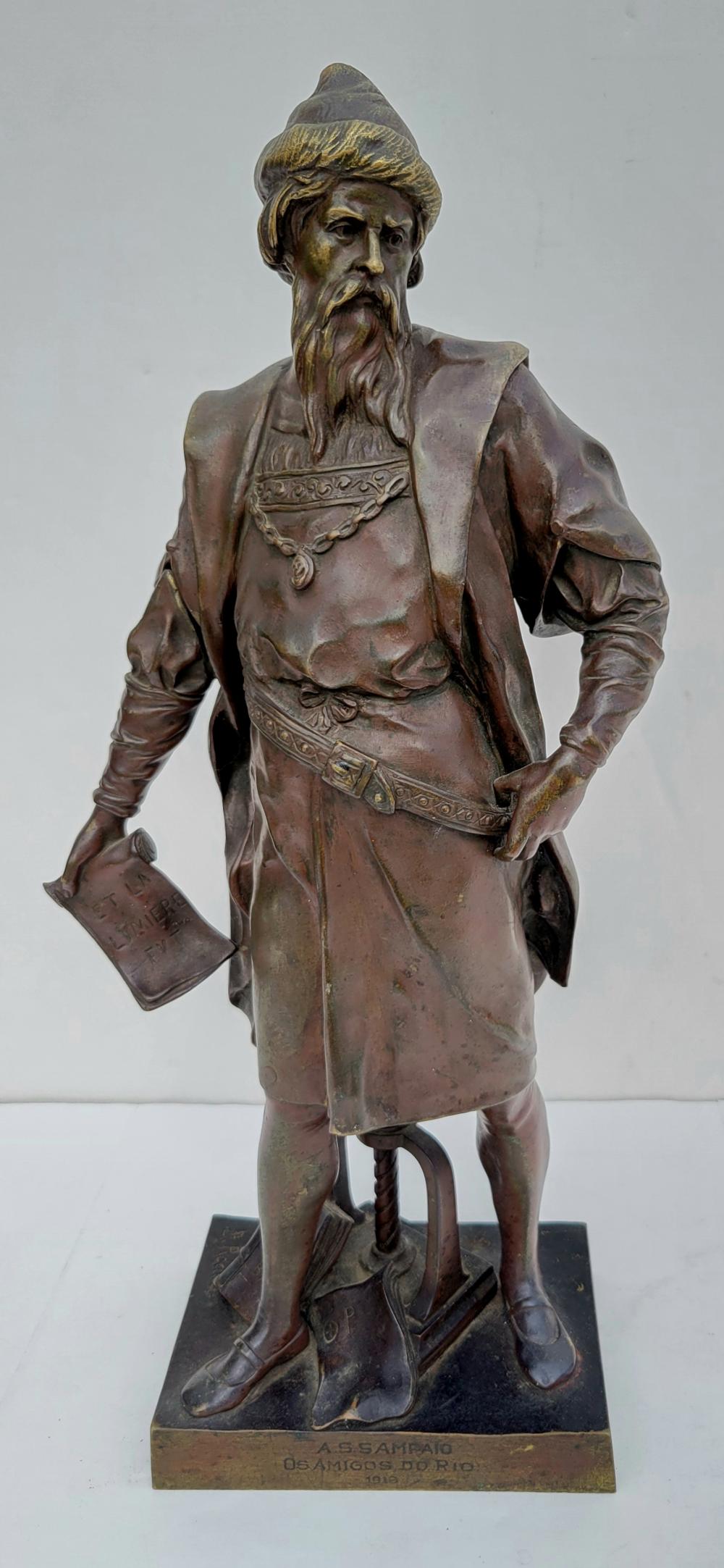 Auction comp thumbnail for Emile Picault Guttenberg Bronze 17.5 Inch Printing Press Inventor French Paris Foundry Stamp Continental Antique Statue Sculpture Figure 1918 Brazilian Base Inscription (Richard Stedman Estate Services LLC, Lot 96)
