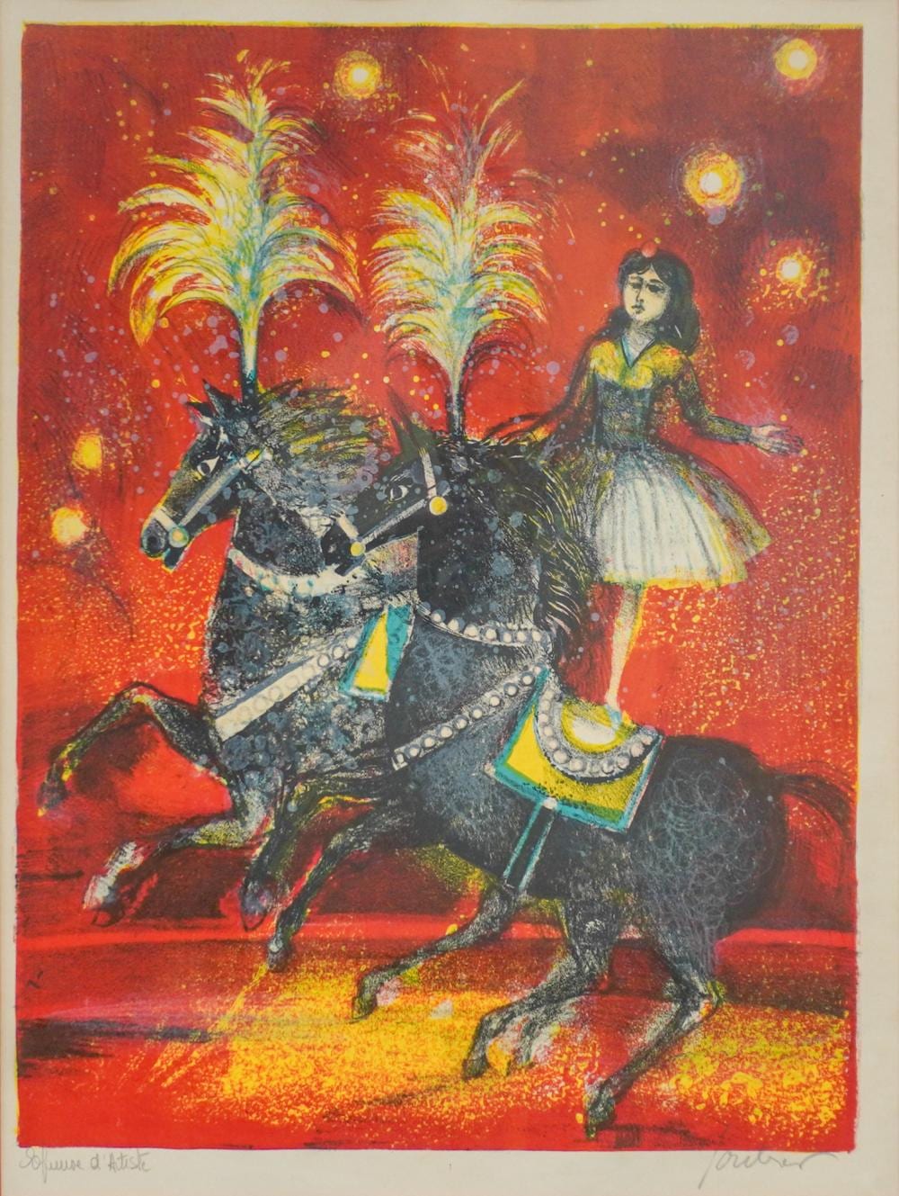 pierre jacquot french b 1929 circus rider artists proof lithograph in color signed l r frame 25 1 4 x 20 1 4 in 64 1 x 51 4 cm · Weschler's · 2025-09-16 Pierre Jacquot comparable auction result: pierre jacquot french b 1929 circus rider artists proof lithograph in color signed l r frame 25 1 4 x 20 1 4 in 64 1 x 51 4 cm