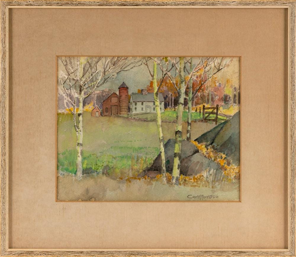 Carl Harold Nordstrom comparable auction result: carl harold nordstrom massachusetts 1876 1965 autumn landscape with birch trees and a farm watercolor 8 5 x 11 sight framed 15 5 x 18