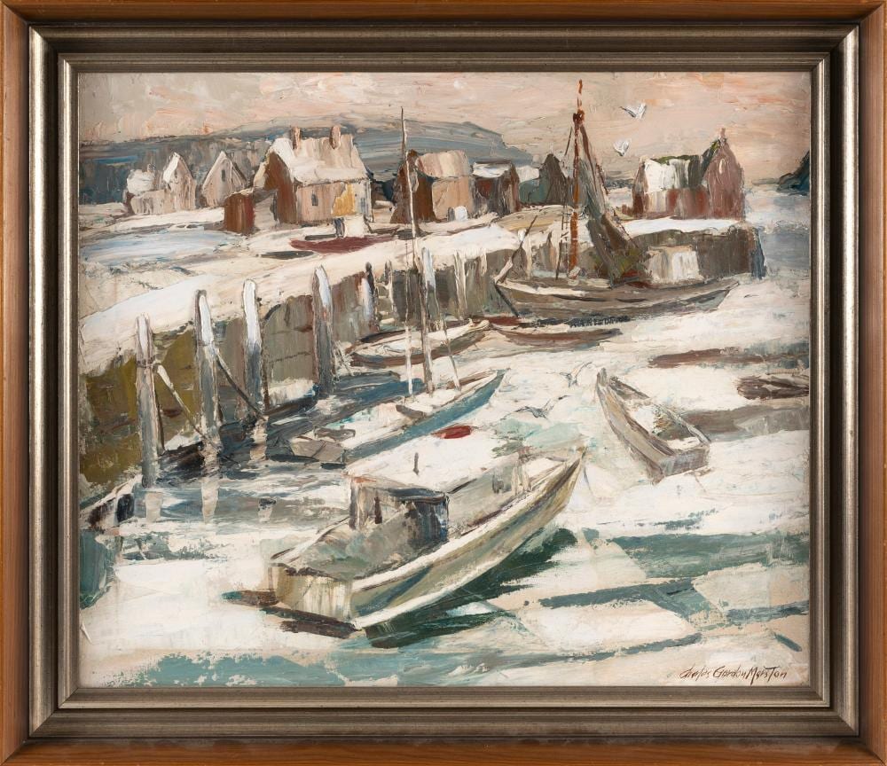 Charles Gordon Marston comparable auction result: charles gordon marston massachusetts 1898 1980 winter rockport harbor oil on canvas 22 x 26 framed 26 5 x 30 5