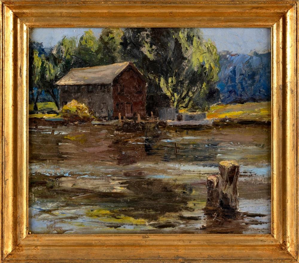 Ken Gore comparable auction result: ken gore massachusetts illinois 1911 1990 lake boathouse oil on masonite 12 x 14 framed 14 5 x 16 5
