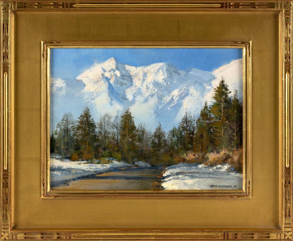 Thomas Andrew Nicholas comparable auction result: thomas andrew nicholas massachusetts connecticut 1934 winter contrast the tetons oil on board 9 x 12 framed 14 5 x 17 5