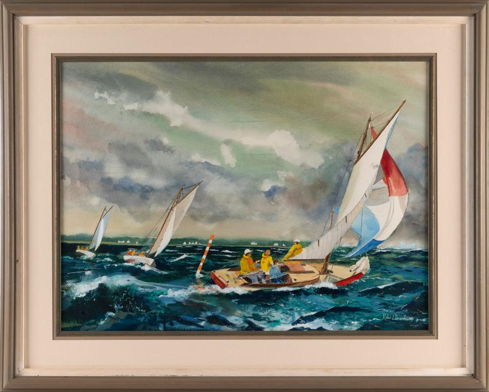 robert driscoll massachusetts 1940 2008 three sailboats watercolor on paper 20 5 x 28 5 sight framed 30 x 38 · Eldred's · 2025-10-09 Robert Driscoll comparable auction result: robert driscoll massachusetts 1940 2008 three sailboats watercolor on paper 20 5 x 28 5 sight framed 30 x 38