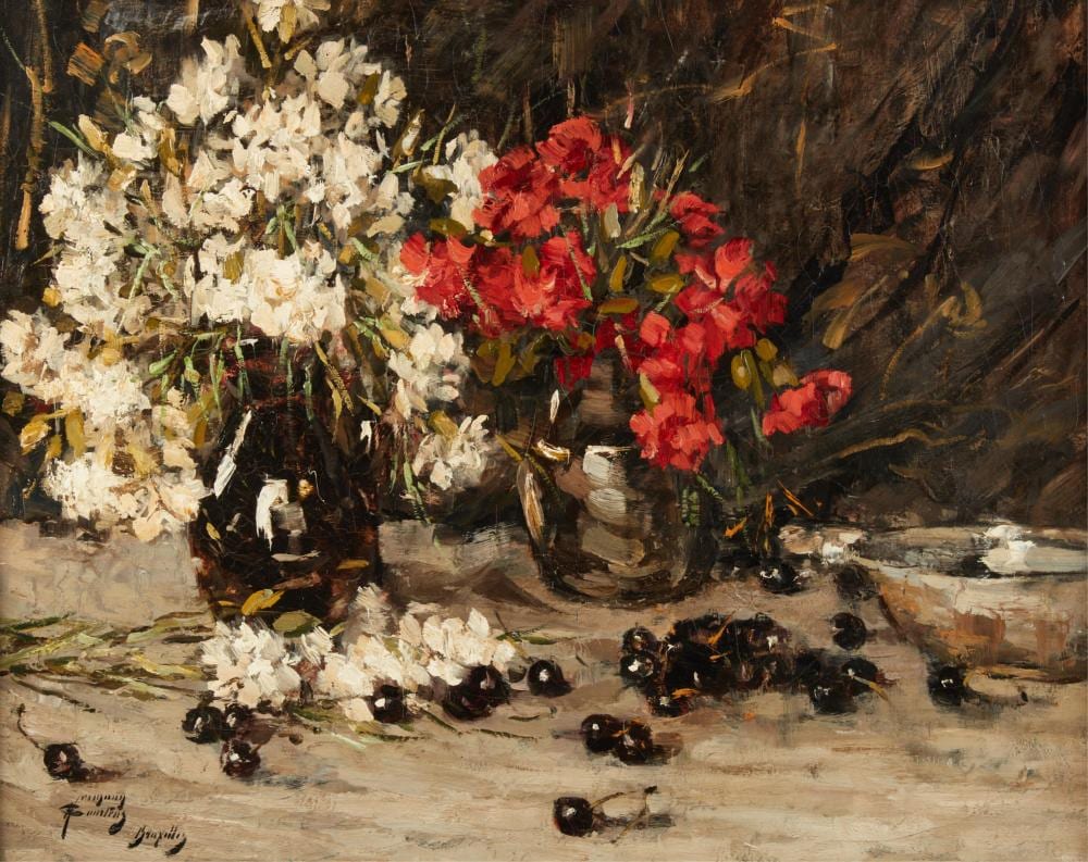 Herman Courtens comparable auction result: herman courtens belgian 1884 1956 still life with flowers and cherries oil on canvas 22 x 28in 56 x 71cm