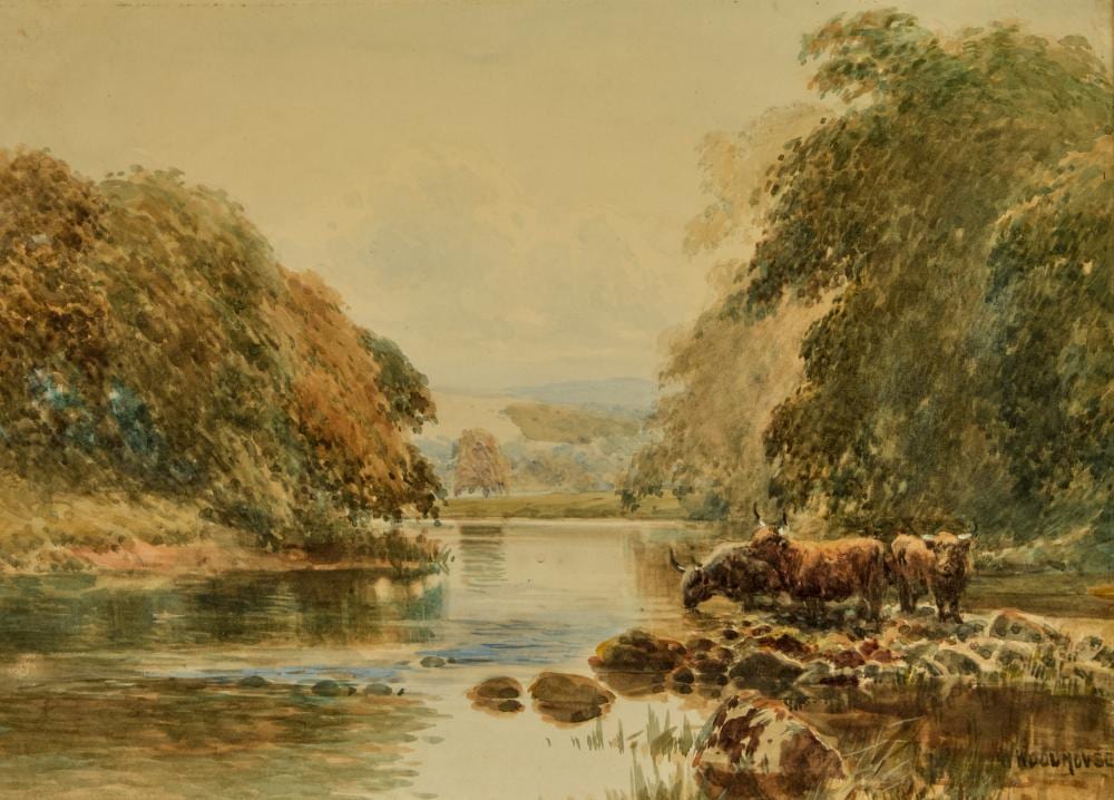 William Woodhouse comparable auction result: william woodhouse 1857 1939 river landscape with highland cattle watering