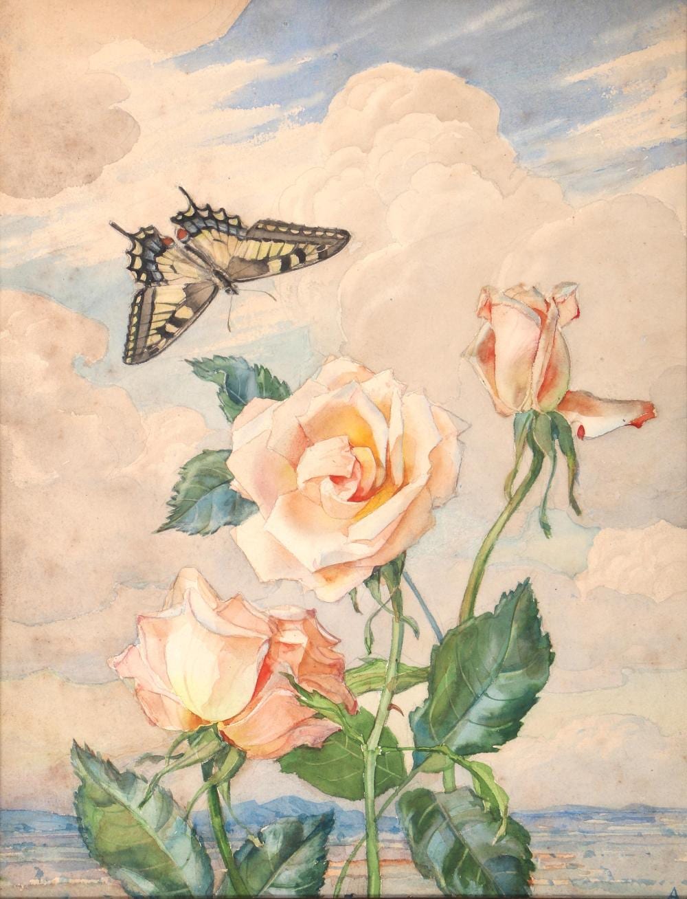 Andrey Avinoff comparable auction result: andrey avinoff russian american 1884 1949 roses and butterfly in a landscape