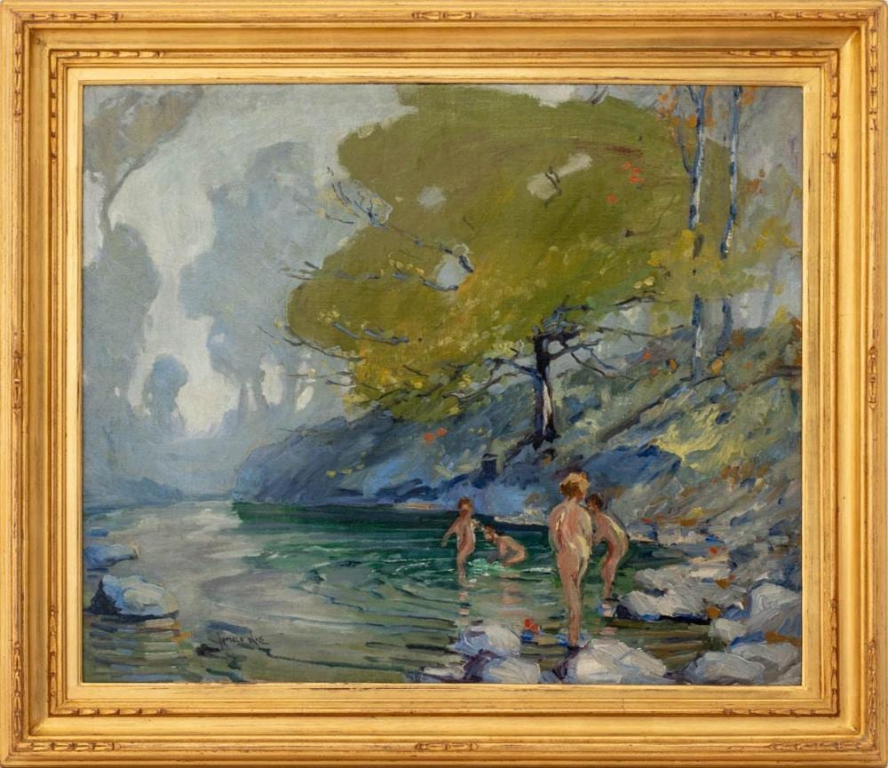 Jonas Lie comparable auction result: jonas lie children bathing in a forest pool oil