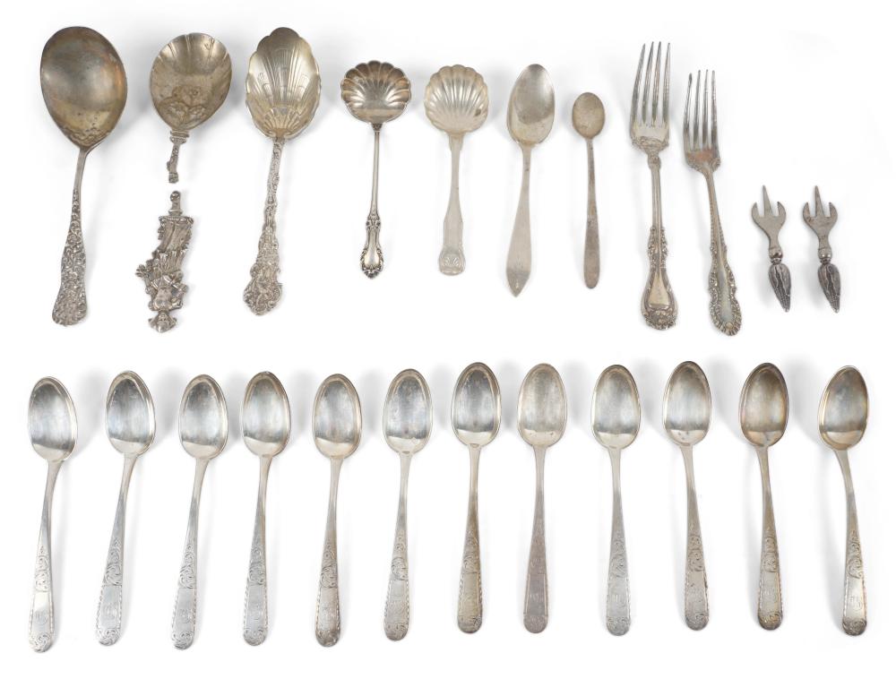 TWELVE S. KIRK & SON SILVER 'OLD MARYLAND ENGRAVED' TEASPOONS, S. KIRK & SON SILVER 'SHELL AND THREAD' SHELL BOWL SPOON, PAIR OF WEBSTER & CO. SILVER CORN-FORM CORN HOLDERS, THREE VARIOUS SILVER SERVING SPOONS, LUNT SILV sold by Potomack Company, lot 822 — auction record photograph