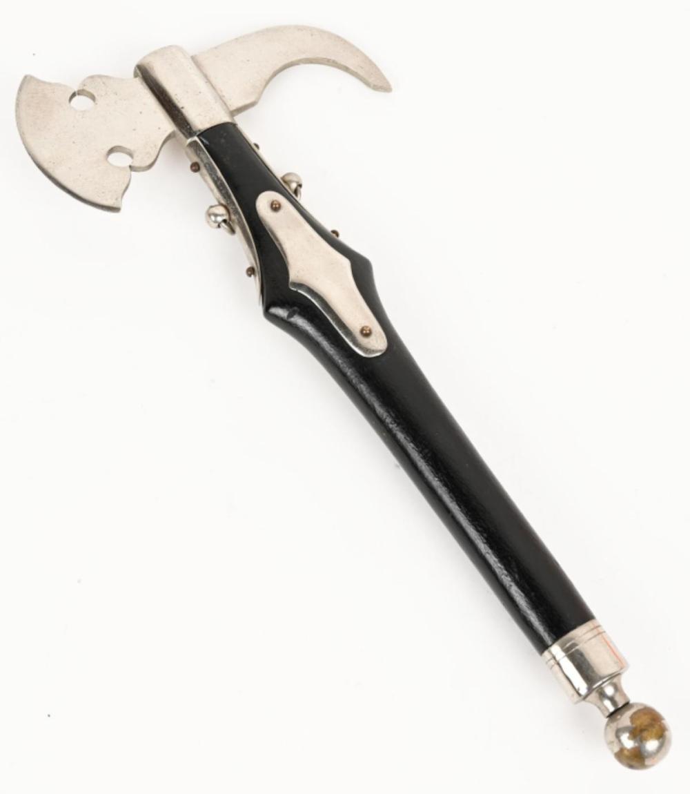 Handheld firefighter-style axe with a curved metal blade and a black wooden handle.