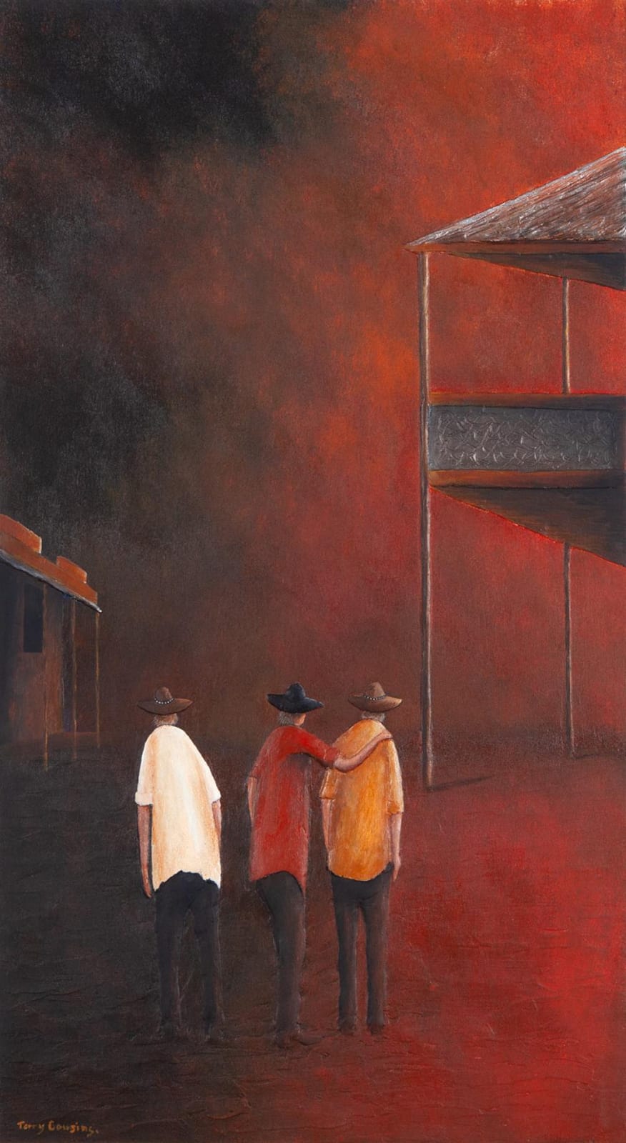 Terry Cousins comparable auction result: terry cousins mates night out oil and collage on board
