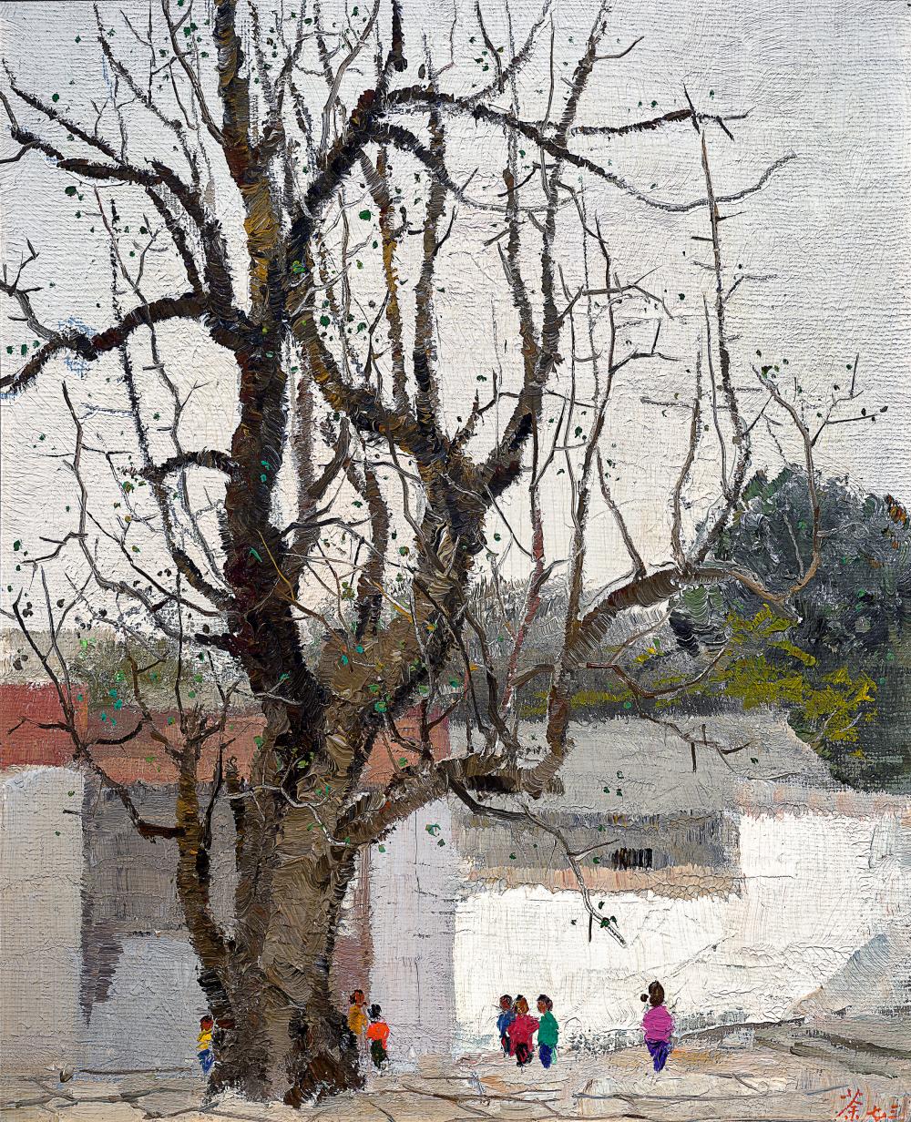 Wu Guanzhong (1919-2010). A Date Tree with Children Around. oil on fibreboa comparable sale