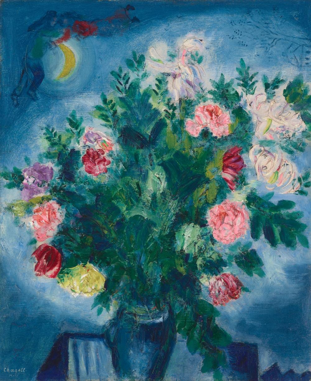 Marc Chagall (1887-1985). Fleurs ou Bouquet de fleurs aux amoureux. oil on comparable sale