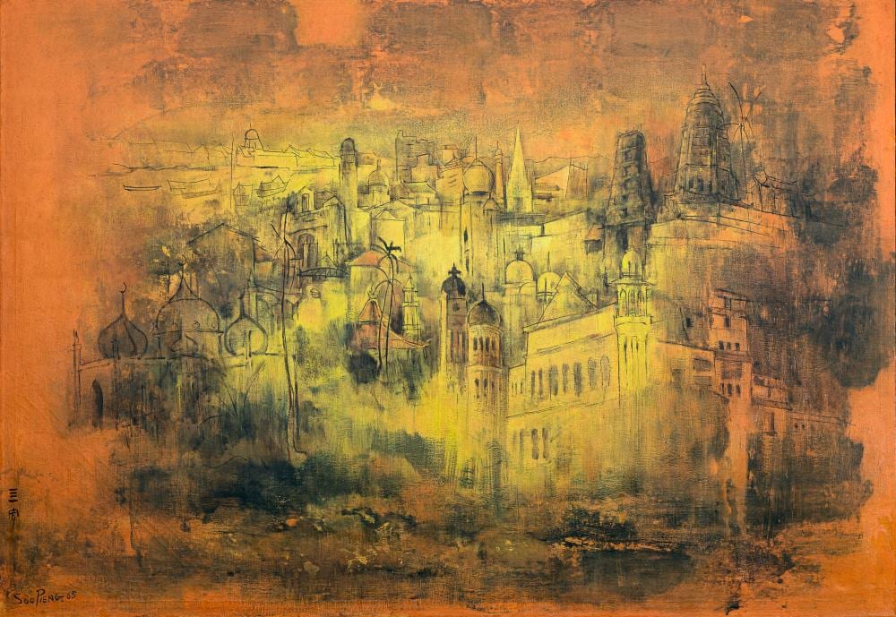 Cheong Soo Pieng (1917-1983). Landmarks of Singapore and Malaysia. oil on c comparable sale