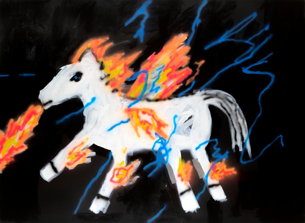 Robert Nava comparable auction result: robert nava b 1985 lightning storm pegasus oil and spray paint on ca