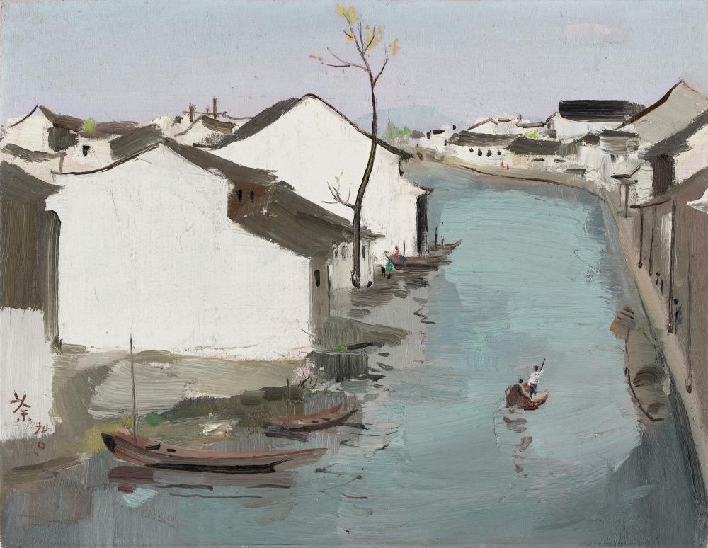 Wu Guanzhong (1919-2010). A Small Town in the Water Country. oil on canvas3 comparable sale