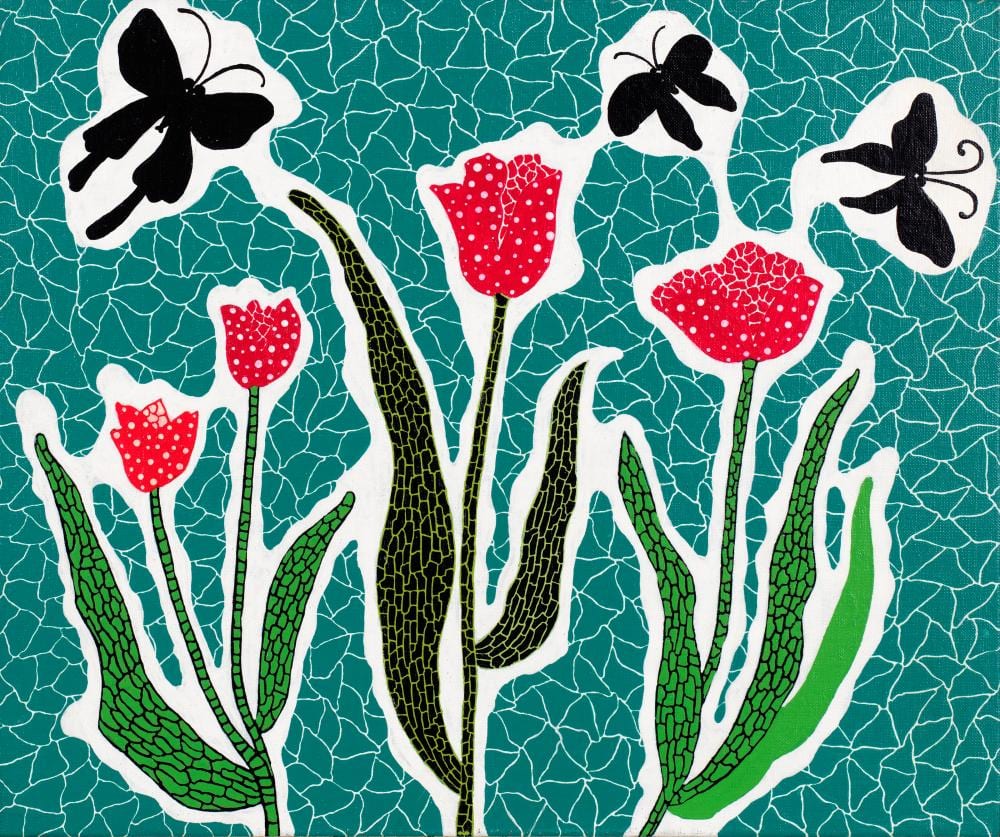 Yayoi Kusama (B. 1929). Black Butterflies. acrylic on canvas38 x 45.5 cm. ( comparable sale